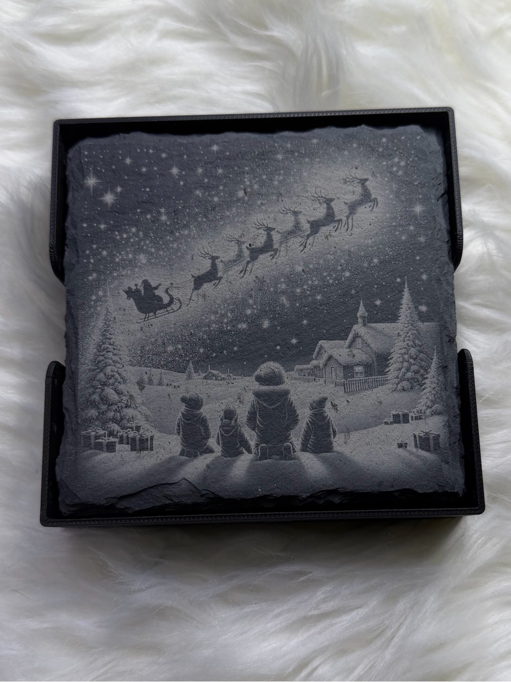 Hand Crafted Slate Holiday Coasters Set of 4 and Holder